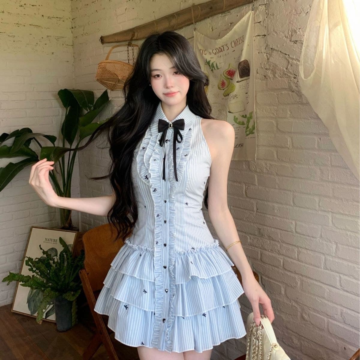 Dress Stripe Tanpa Lengan Wanita | Mini Dress Kerah Kemeja Layer Ruffle | Dress Korean School Style