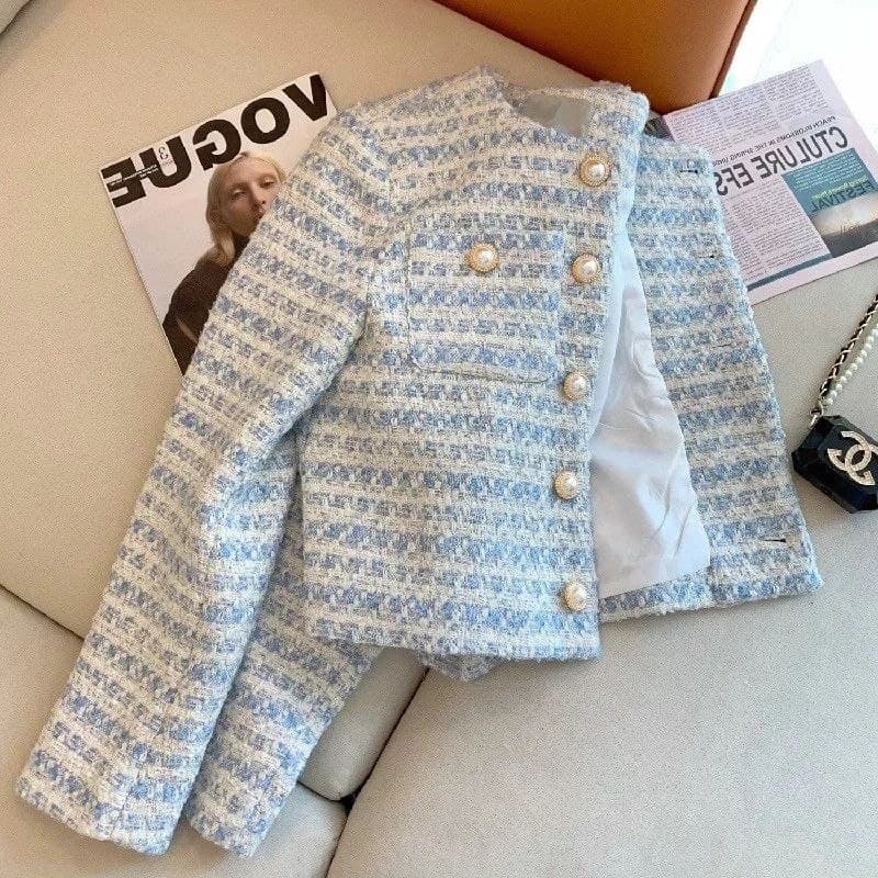 Jaket Tweed Wanita Gaya Chanel, Model Terbaru Musim Semi-Gugur, Loose Fit, Kancing Mutiara, Crop & Stylish