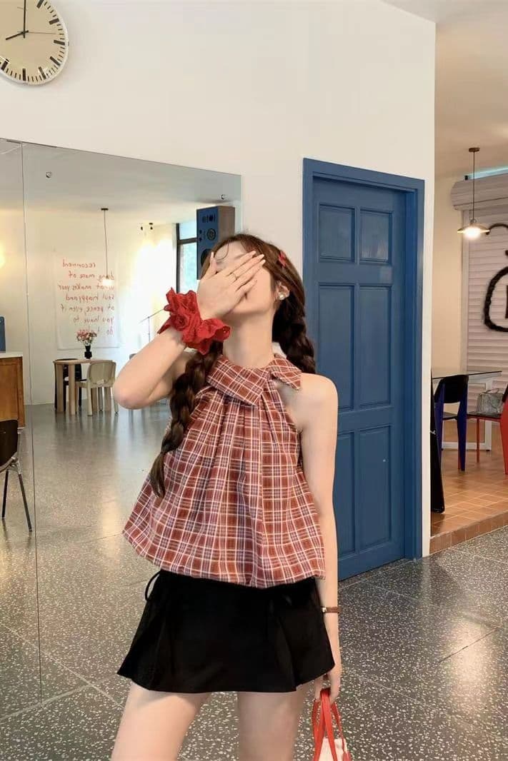 Blouse Kotak-Kotak Wanita French Style | Atasan Tanpa Lengan Kerah Kemeja | Top Bubble Hem Korean Fashion