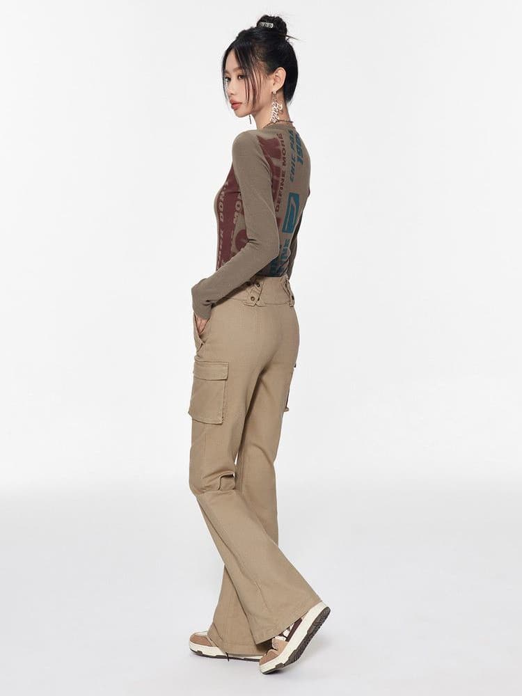 Celana Cargo Flare Wanita High Waist | Celana Slim Fit Tali Pinggang | Cargo Pants Korean Style Kekinian
