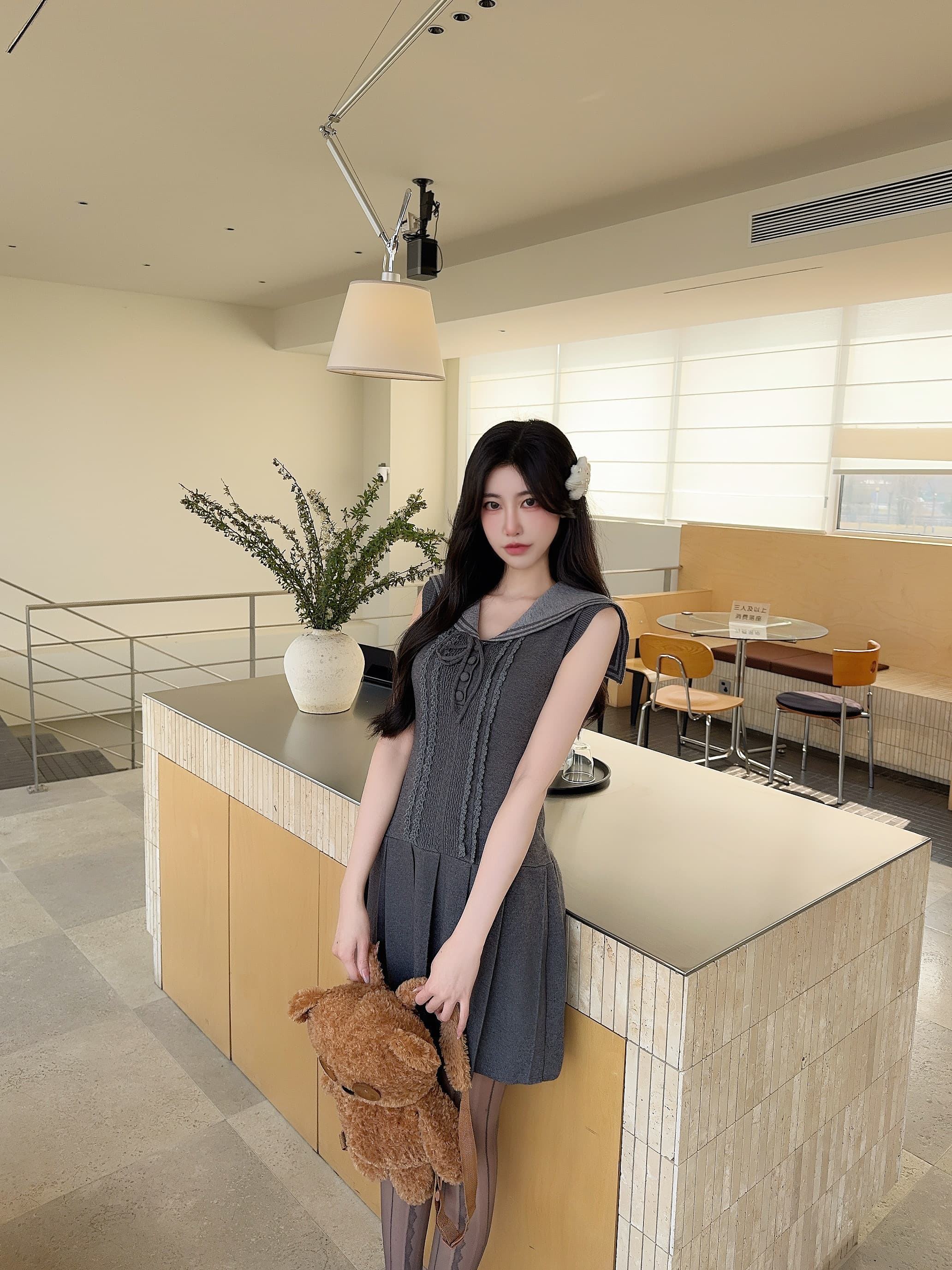 Dress Abu-Abu Pita Wanita Korean Style | Mini Dress Sweet School Look | Dress Feminim Elegan Kekinian
