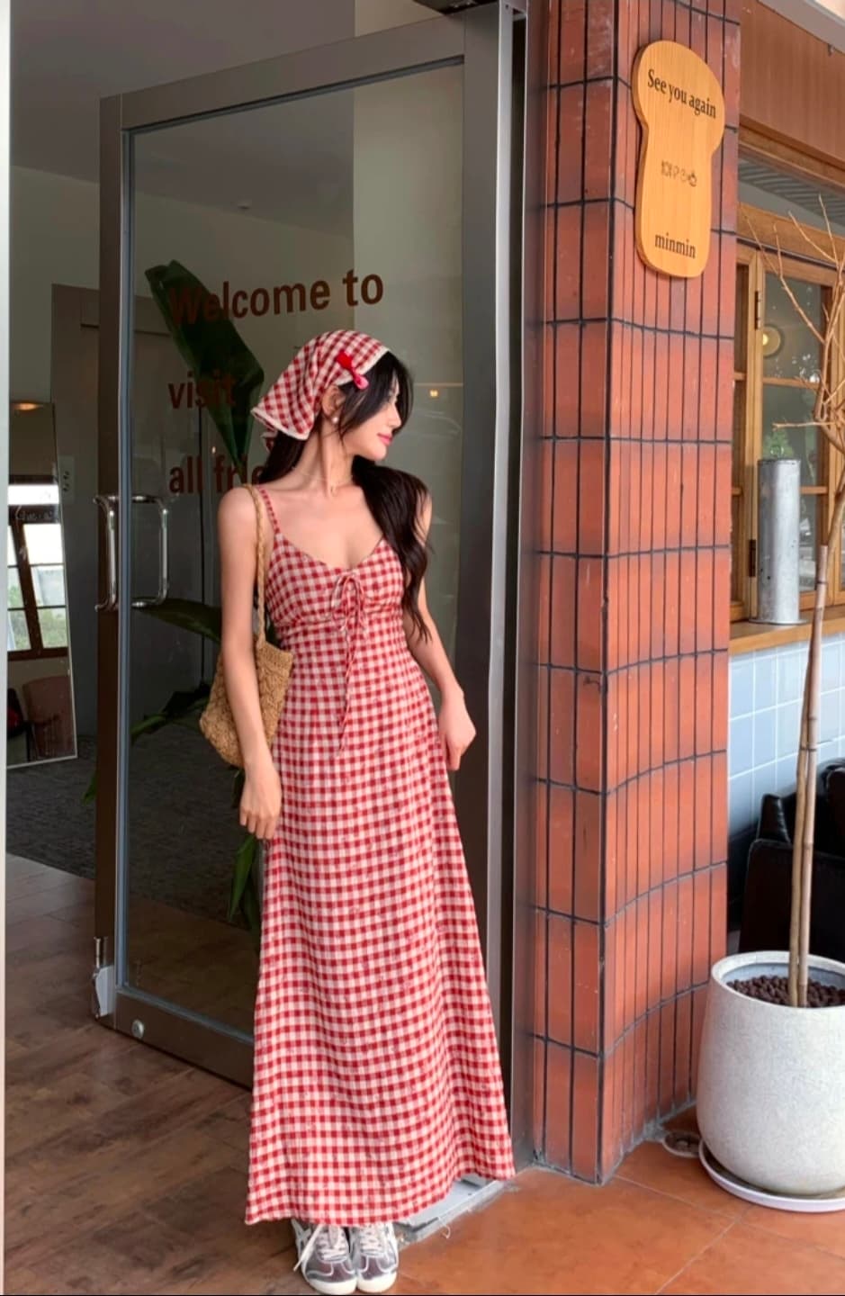 Dress Panjang Kotak-Kotak Merah Wanita | Dress Tali Backless French Style + Headscarf | Maxi Dress Liburan Elegan