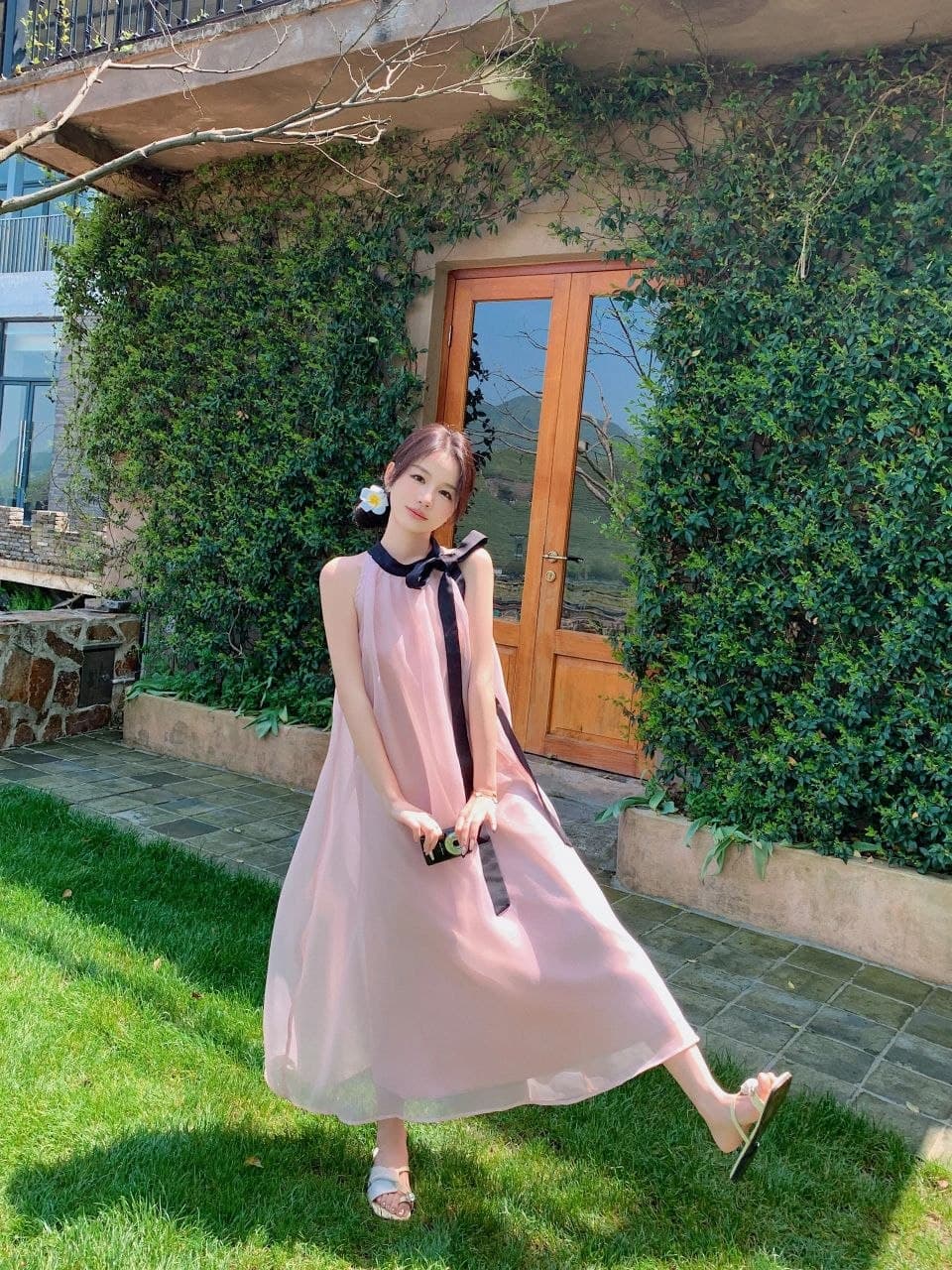 Dress Panjang Wanita Pink Gaya Prancis, Halter Tanpa Lengan, Model Slim Fit, Cocok untuk Liburan Pantai Musim Semi-Musim Panas