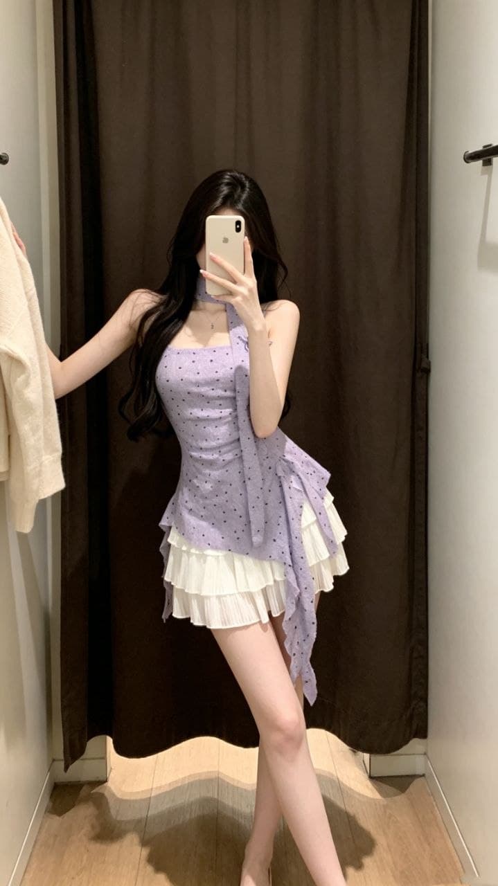 Atasan Halter Wanita Motif Polkadot Slim Fit Pinggang Ramping Hem Asimetris Korean Style