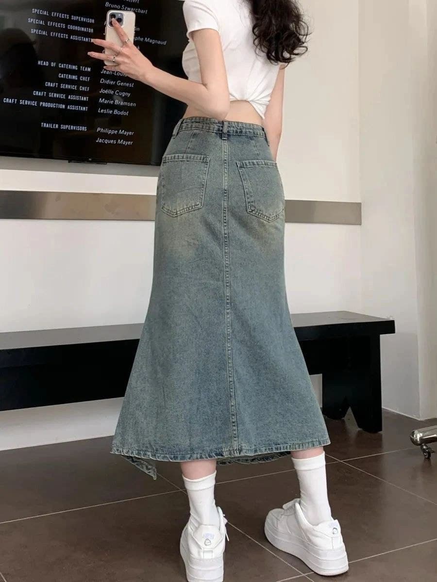 Rok Midi Denim Wanita High Waist Model Mermaid Belahan Samping Body Fit Slim Fit