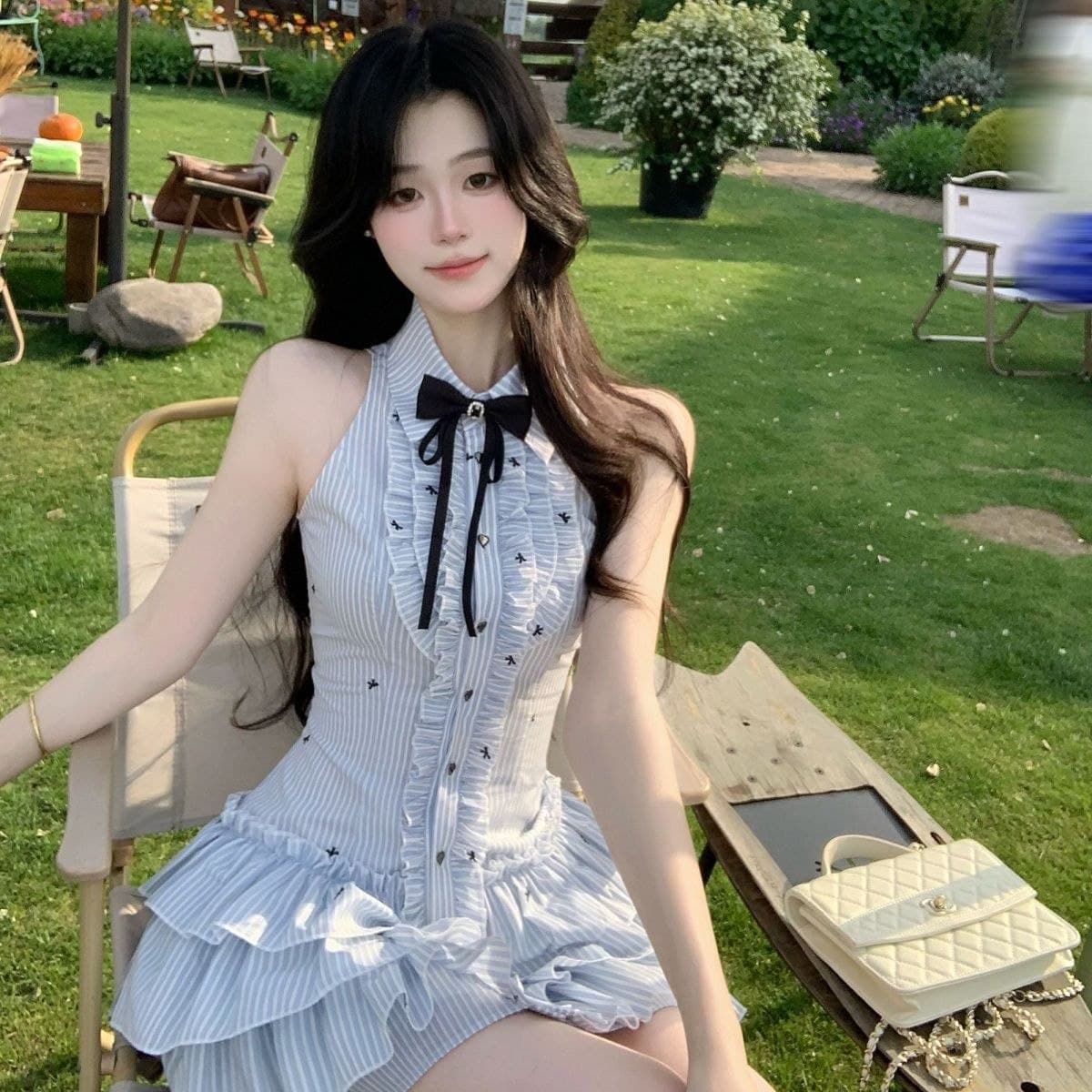 Dress Stripe Tanpa Lengan Wanita | Mini Dress Kerah Kemeja Layer Ruffle | Dress Korean School Style