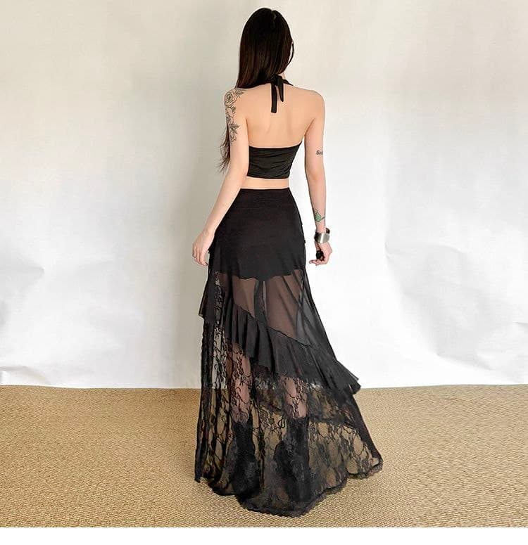 Rok Panjang Renda High Waist | Rok Asimetris Belahan Samping Slim Fit | Korean Sweet & Edgy Style