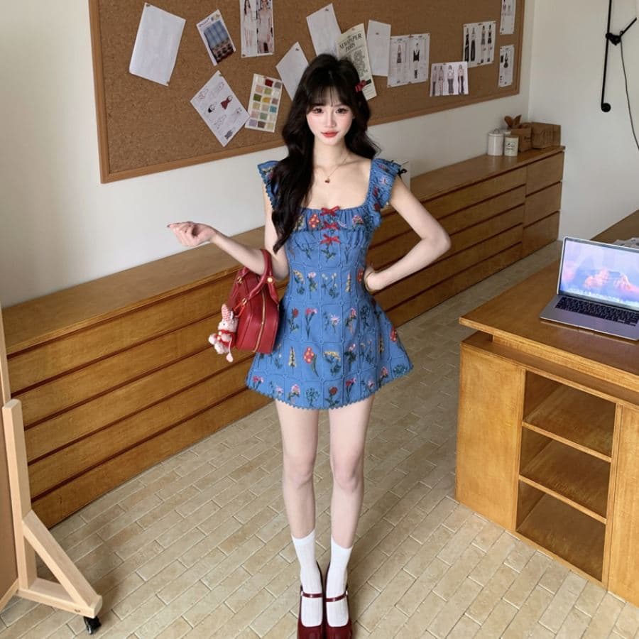 Dress Mini French Mint Style Wanita | Puff Sleeve Princess Dress High Waist | Korean Vacation Chic