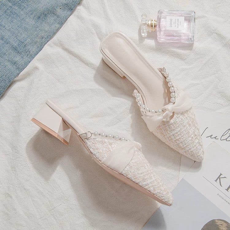 Sandal Heels Mules Wanita Mutiara | Mary Jane Pointed Toe French Style | Sepatu Slip On Elegan Kekinian