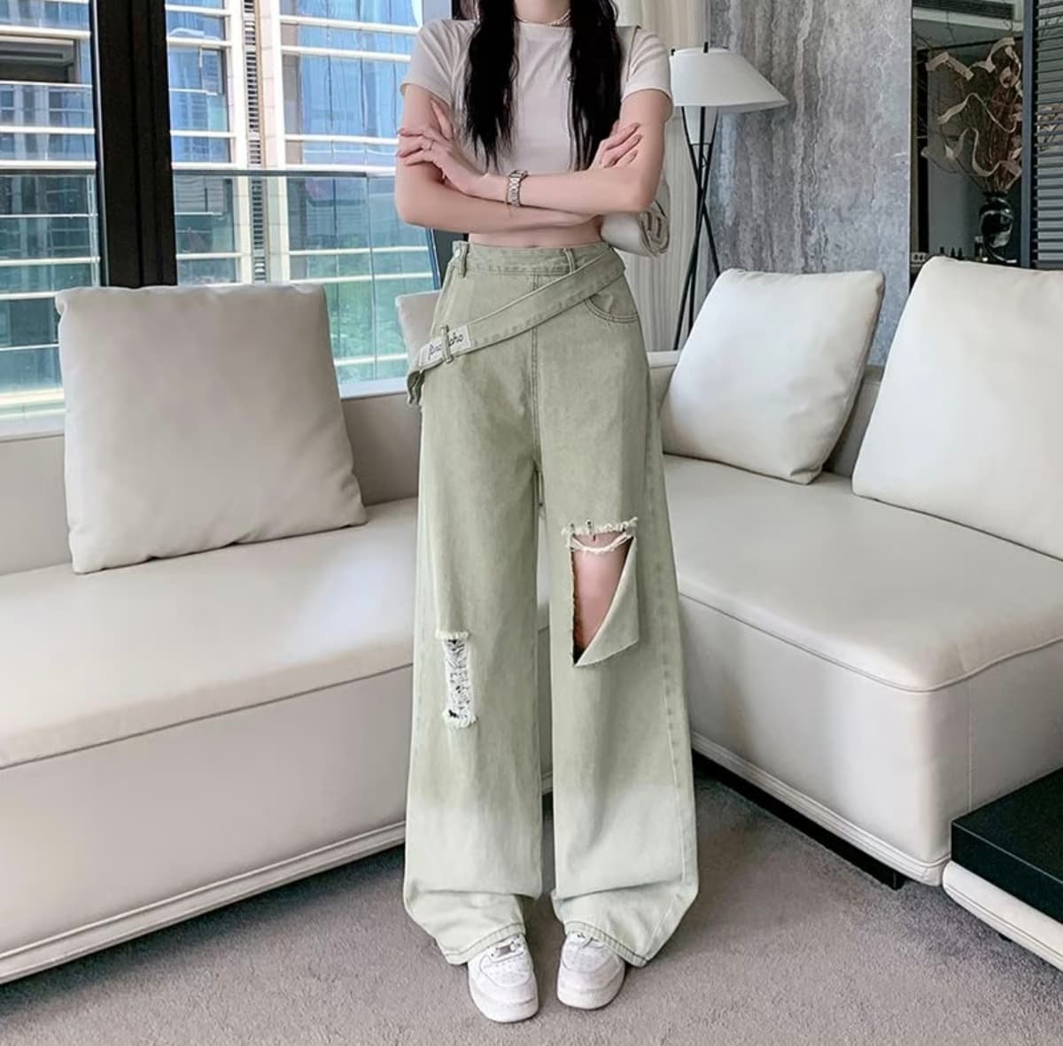 Celana Jeans Wide Leg Wanita High Waist | Denim Distressed Vintage dengan Resleting Samping | Celana Baggy Korean Style