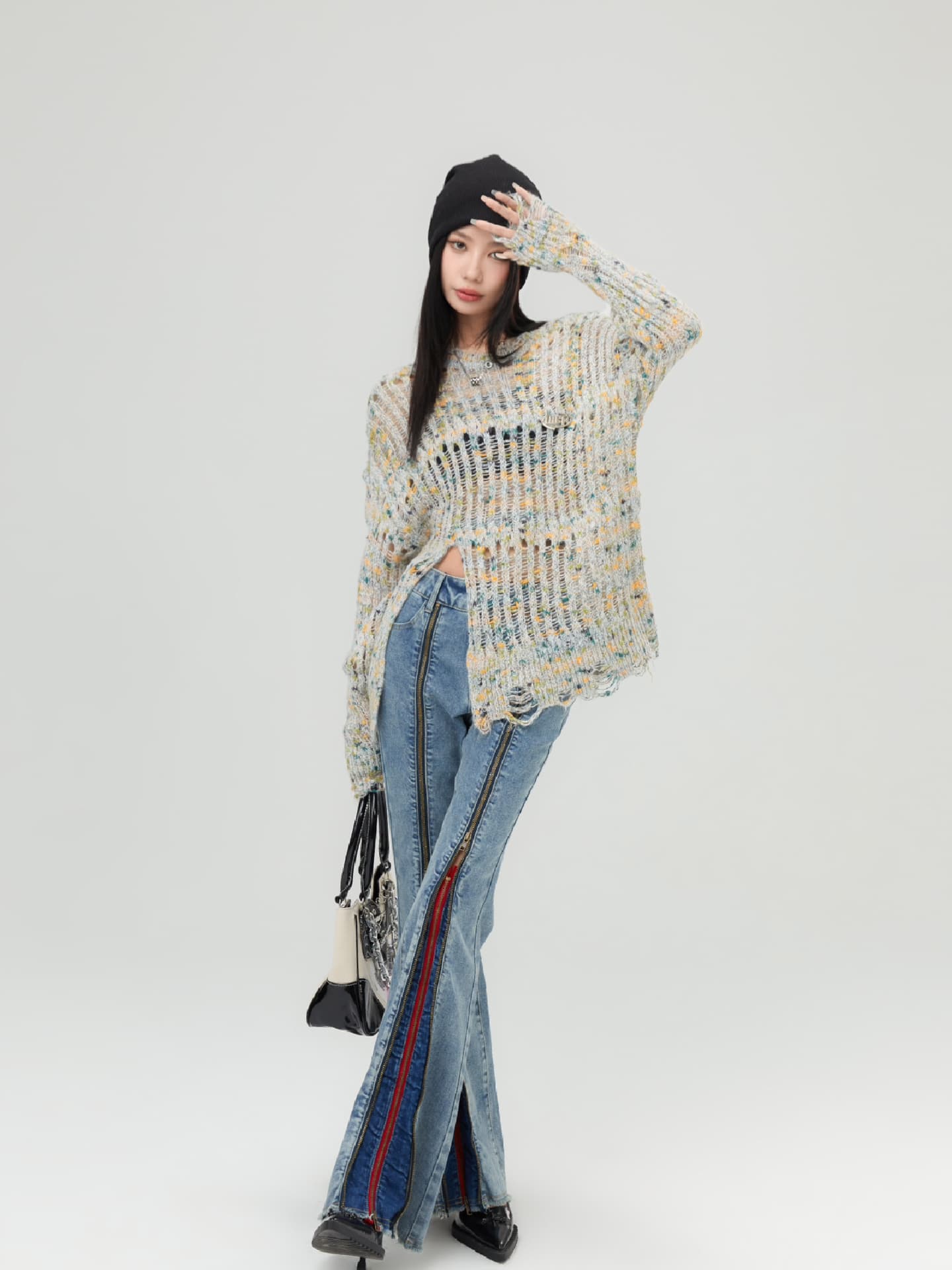Sweater Rajut Wanita Oversize | Knit Top Cut Out Lengan Panjang | Sweater Korean Style Casual Chic