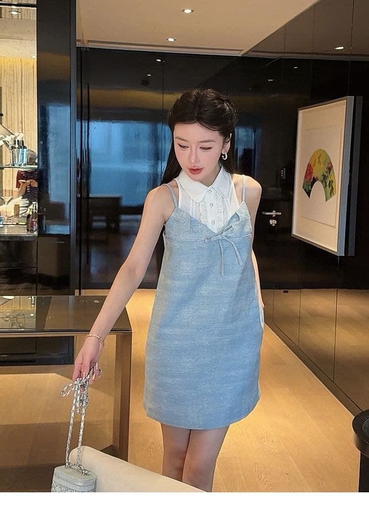 Mini Dress Layer Wanita Korean Style | Dress Tali Biru dengan Detail Pita & Inner Kerah Putih | Sweet Preppy Look