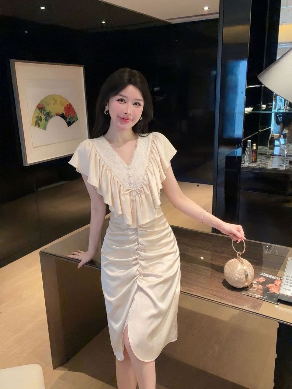 Dress V-Neck French Style | Dress Ruffle High Waist Elegan | Dress Viral Ala Anna MEOVV