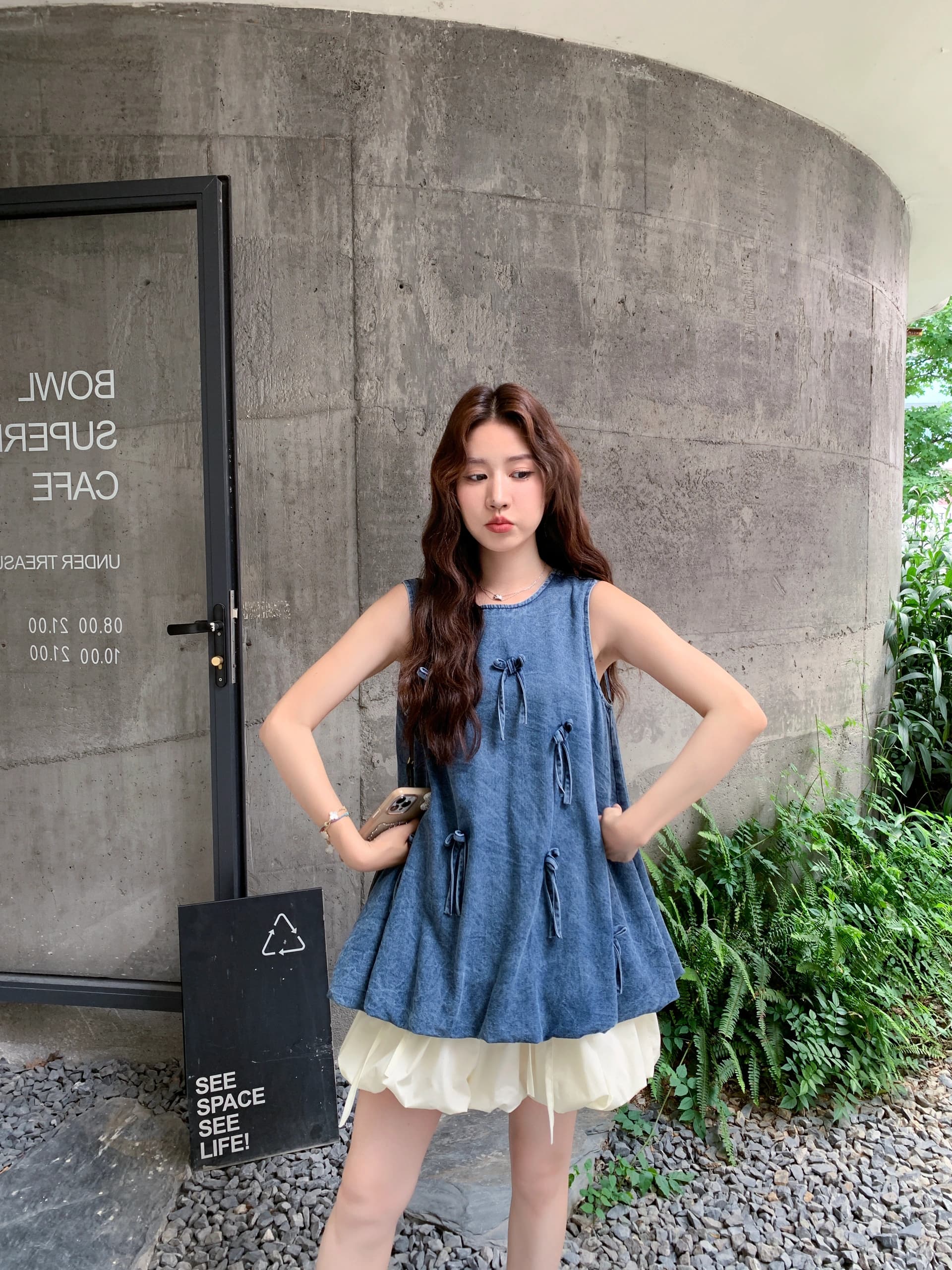 Setelan Denim Wanita 2in1 | Vest Tanpa Lengan & Rok Balon Mini | Outfit Korean Vintage Kekinian