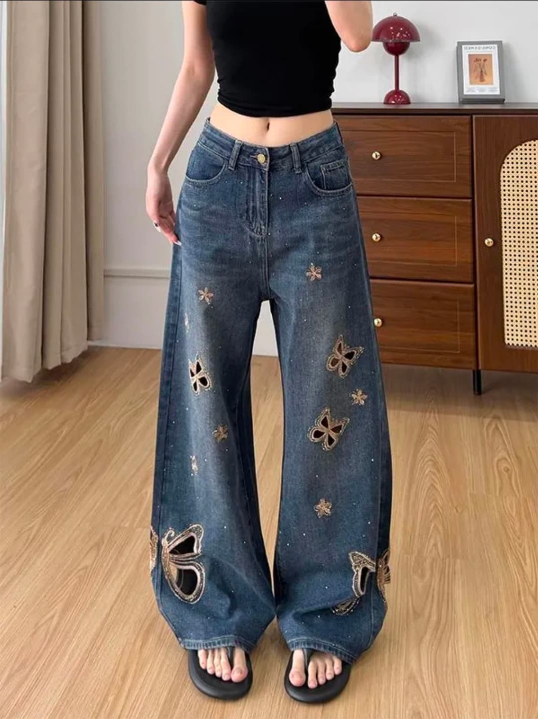 Celana Jeans Wanita High Waist Vintage | Straight Leg Denim Motif Kupu-Kupu | Celana Jeans Slim Fit Korean Style