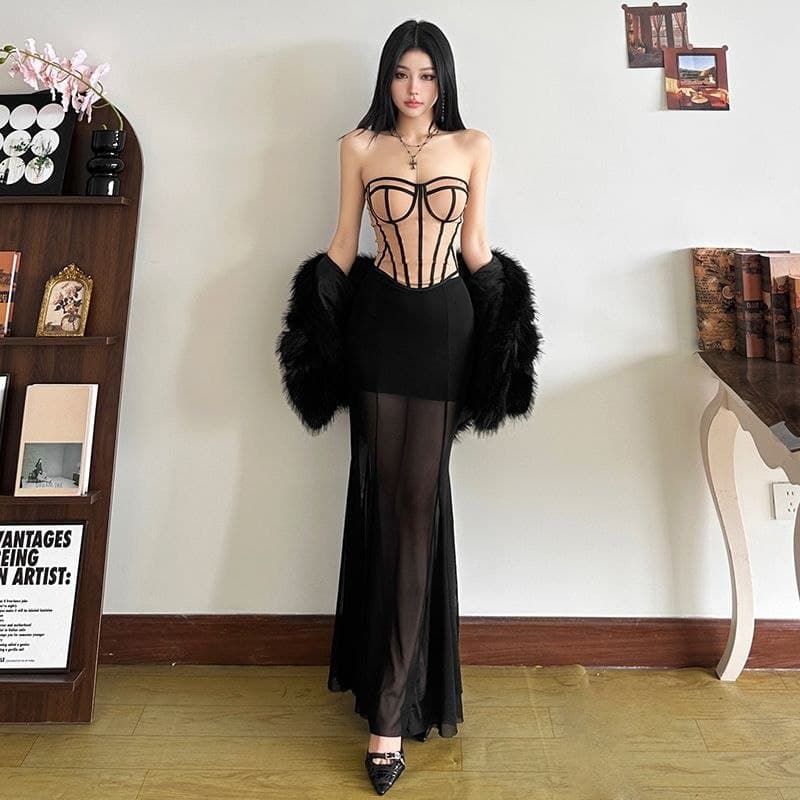 Set Outfit French Style Wanita | Tube Top Asimetris & Rok High Waist | Korean Chic Elegan 2in1