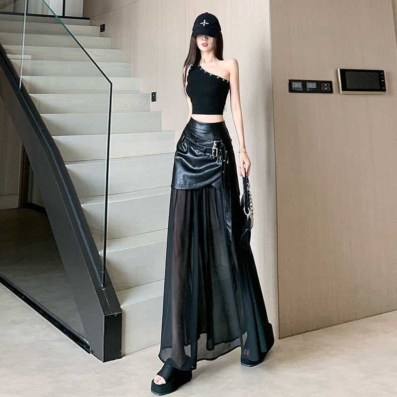 Rok Panjang Hitam Wanita High Waist | Rok A-Line Mesh Patchwork | Rok Korean Style Elegan & Trendy