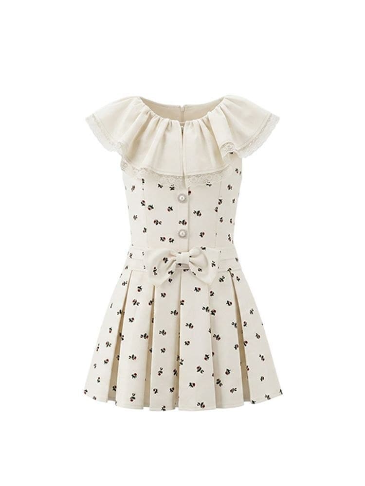 Dress Floral Renda Wanita French Style | Mini Dress Pita High Waist Pleated | Dress Korean Sweet Girl