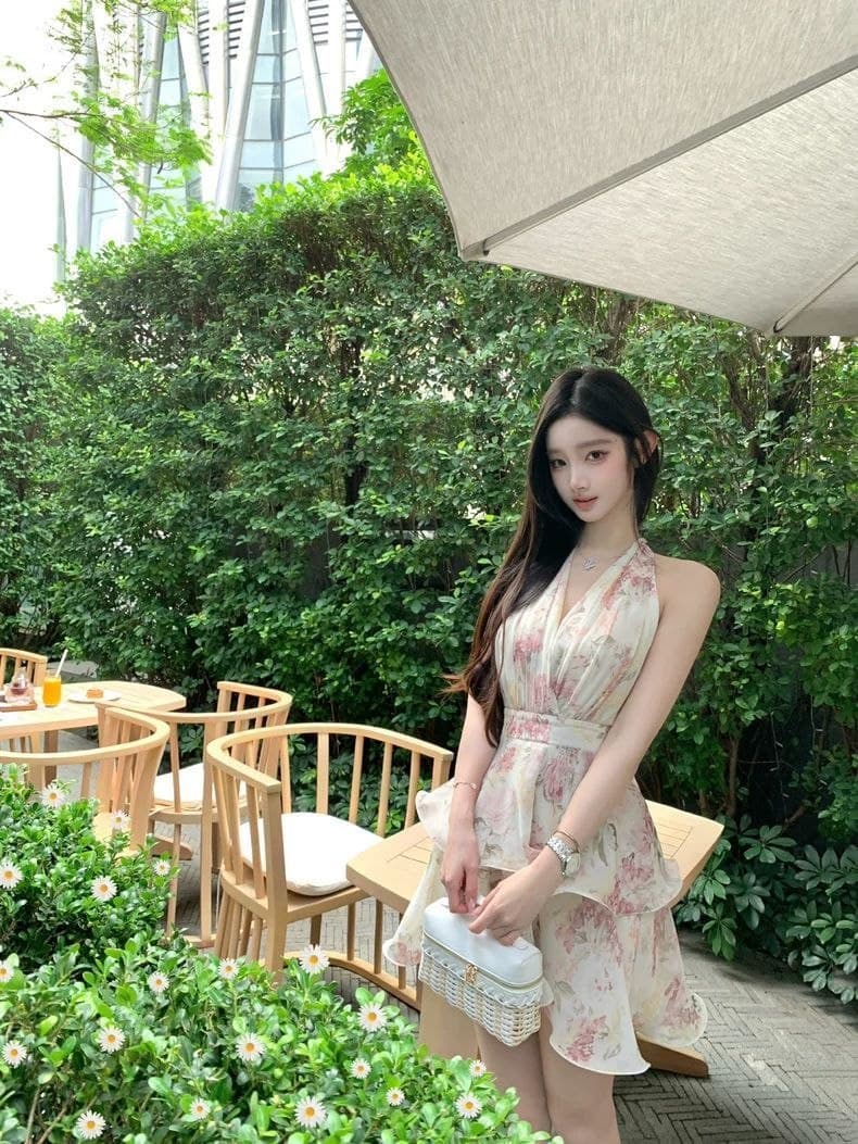 Dress Halter Wanita Motif Floral Ruffle Slim Fit Summer Dress Liburan Korean Style