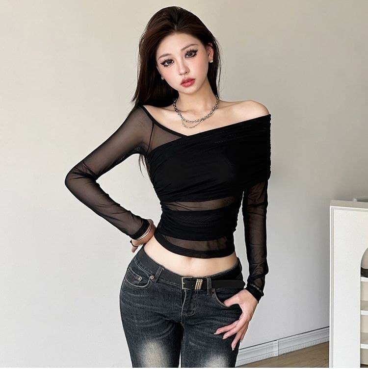 Atasan Mesh Sabrina Wanita | Top Renda Transparan Lengan Panjang Slim Fit | Korean Chic Style Elegan