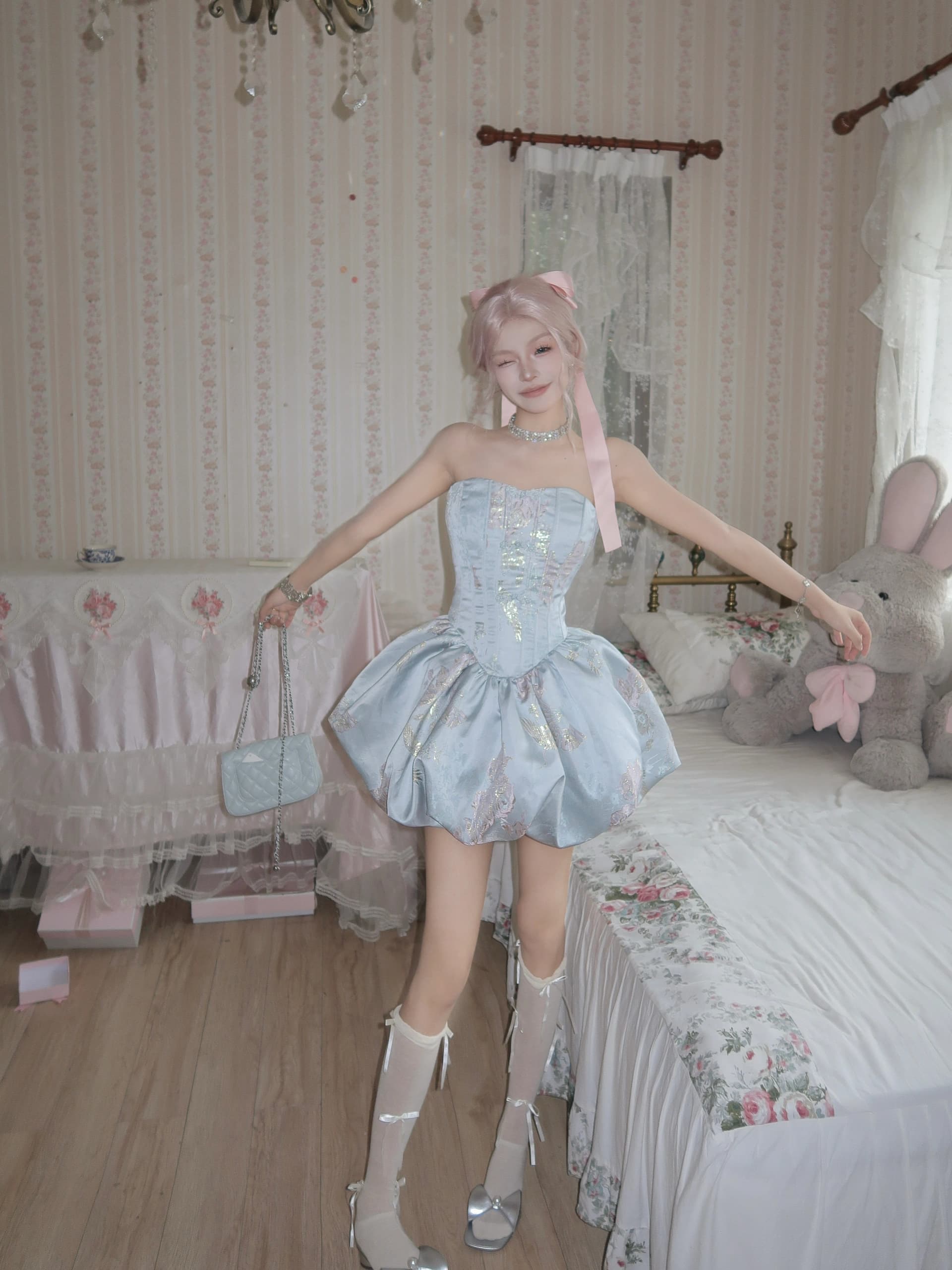 Dress Princess Jacquard Wanita | Mini Dress Korset Strapless dengan Pita Belakang | Dress Premium Elegan Vintage
