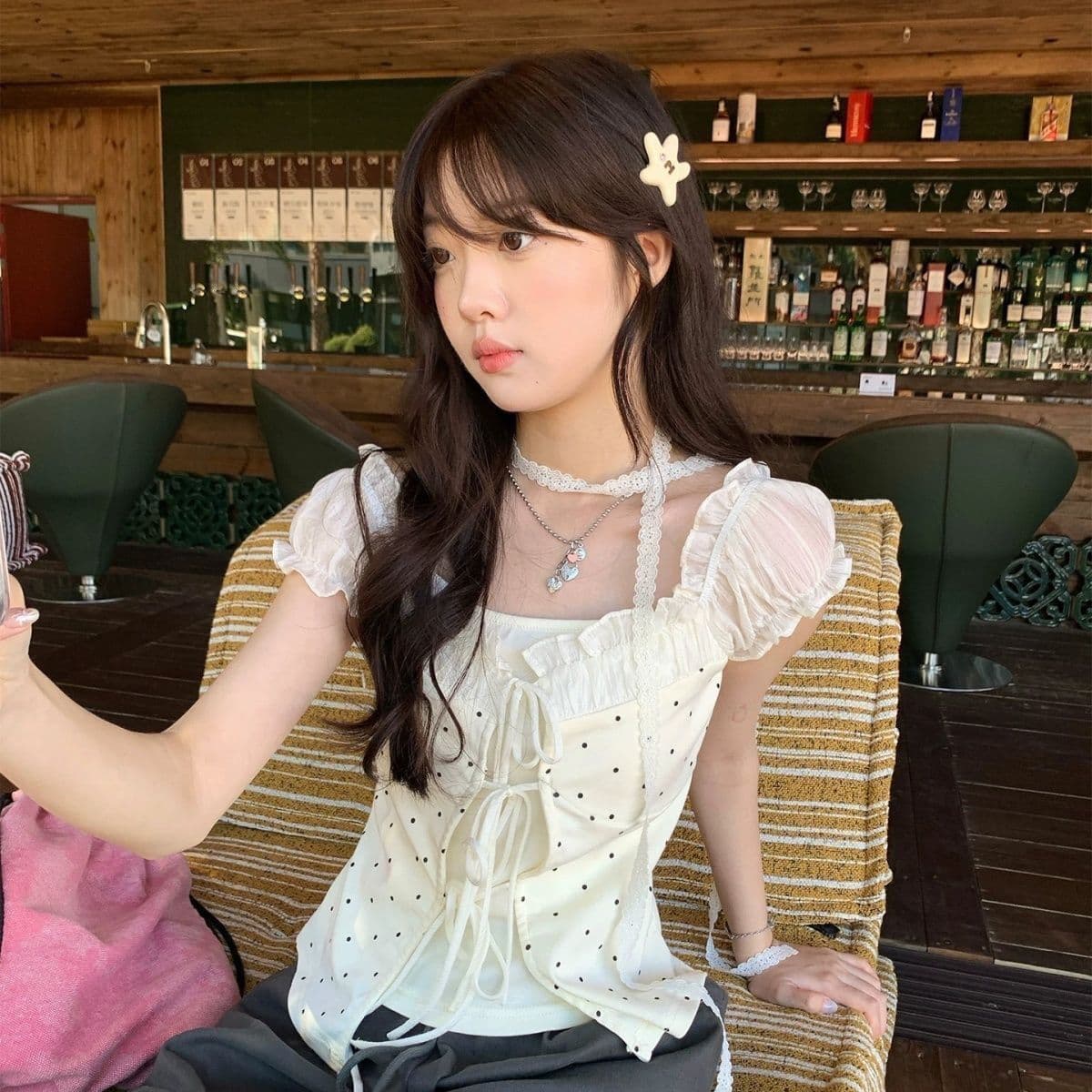 Blouse Puff Sleeve Wanita Korean Style | Atasan Fake Two Piece Slim Fit | Top Ruffle Manis Kekinian