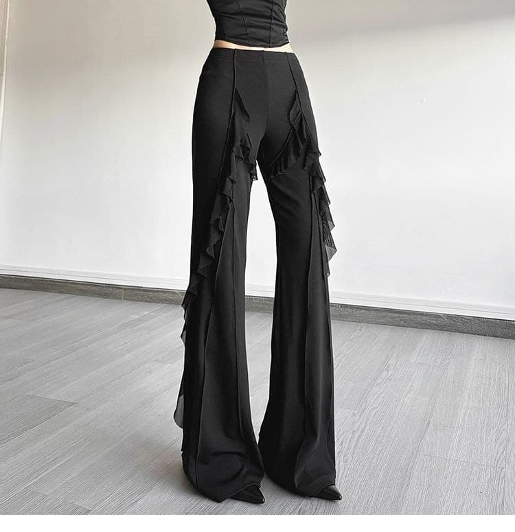 Celana Flare High Waist Wanita | Celana Ruffle Vintage Slim Fit | Korean Chic Style Elegan