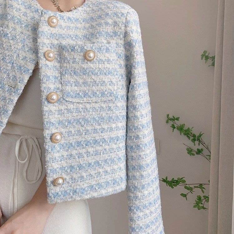 Jaket Tweed Wanita Gaya Chanel, Model Terbaru Musim Semi-Gugur, Loose Fit, Kancing Mutiara, Crop & Stylish