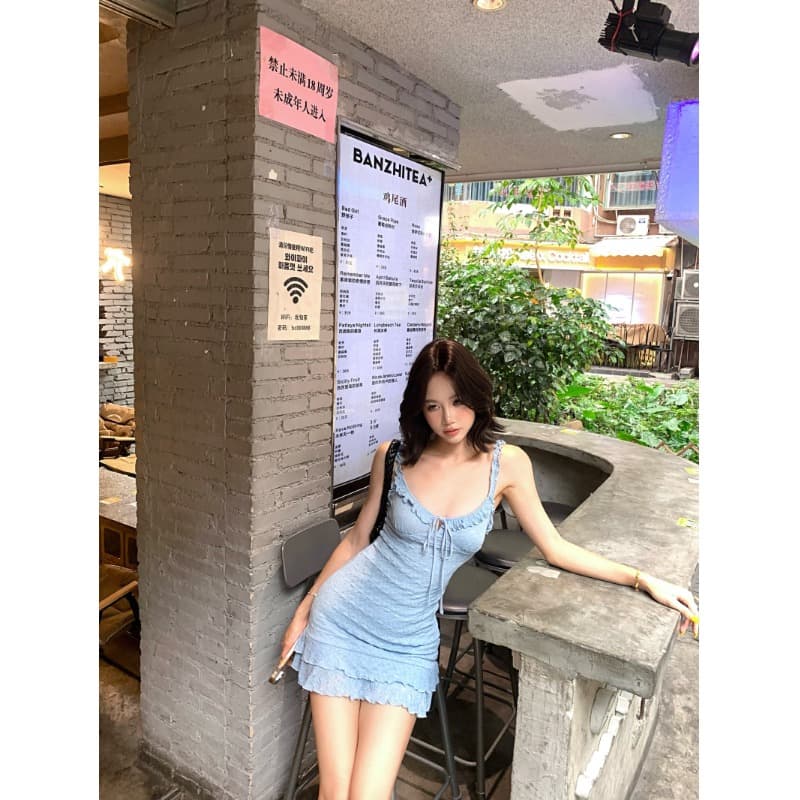 Blue Bodycon Ruffle Mini Dress | Dress Spaghetti Strap Wanita