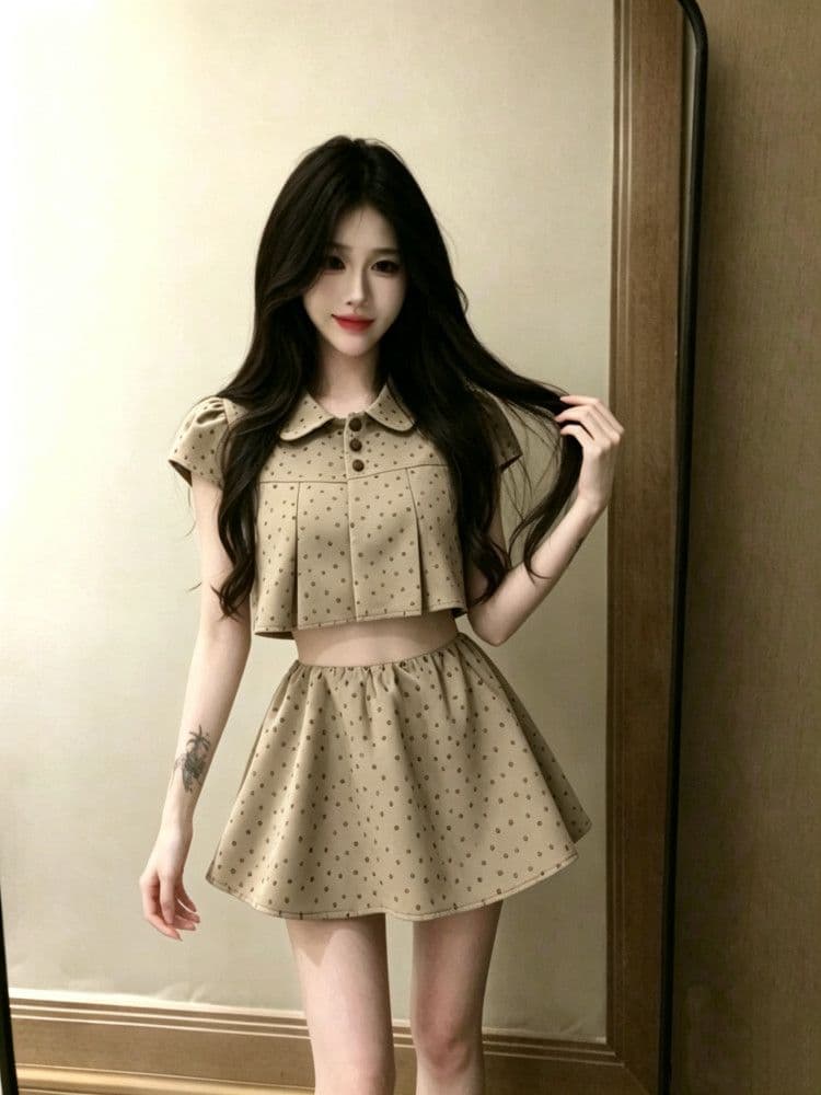 Setelan Polkadot Wanita 2in1 | Atasan Kerah Boneka & Rok Mini Low Waist | Outfit Korean Sweet Style