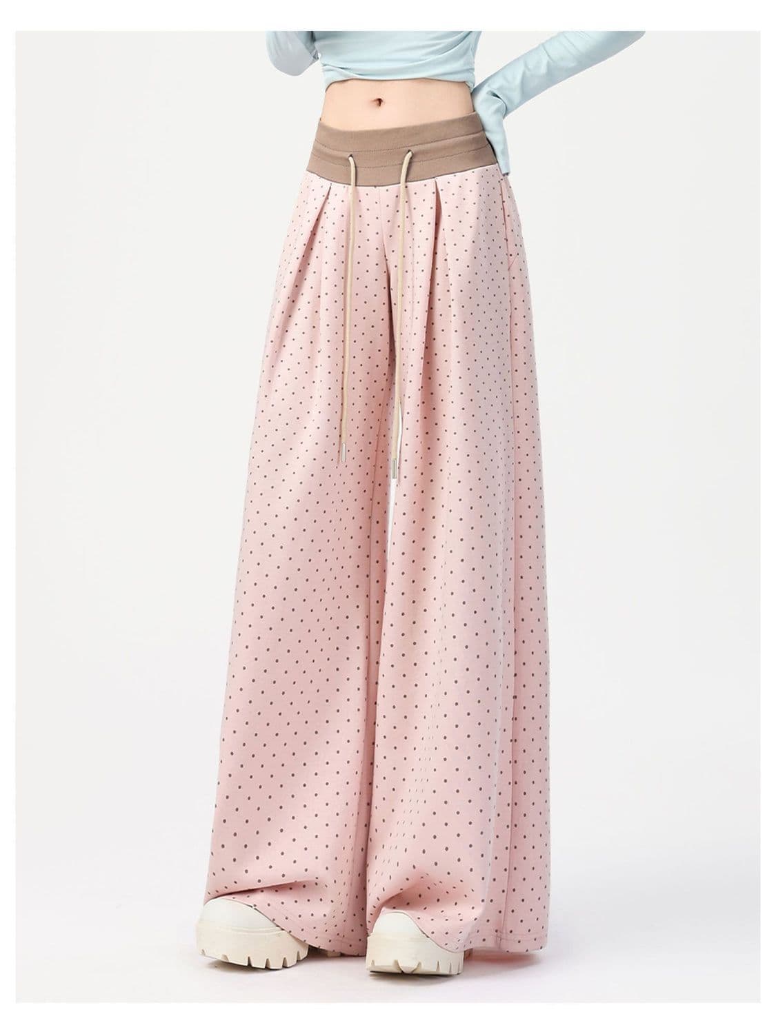 Celana Wide Leg Polkadot Wanita High Waist | Celana Panjang Serut Loose Fit Vintage | Korean Style Kekinian