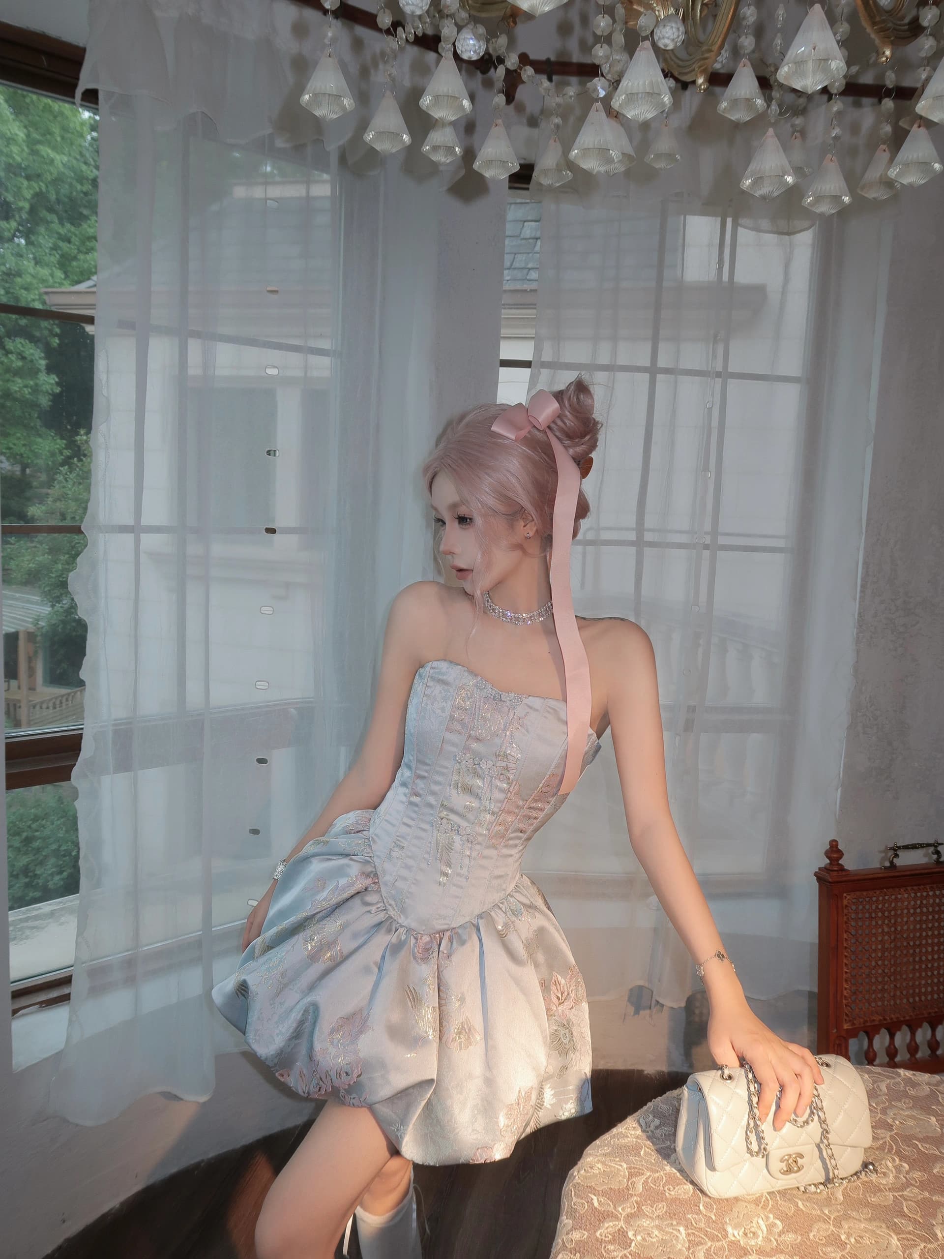 Dress Princess Jacquard Wanita | Mini Dress Korset Strapless dengan Pita Belakang | Dress Premium Elegan Vintage