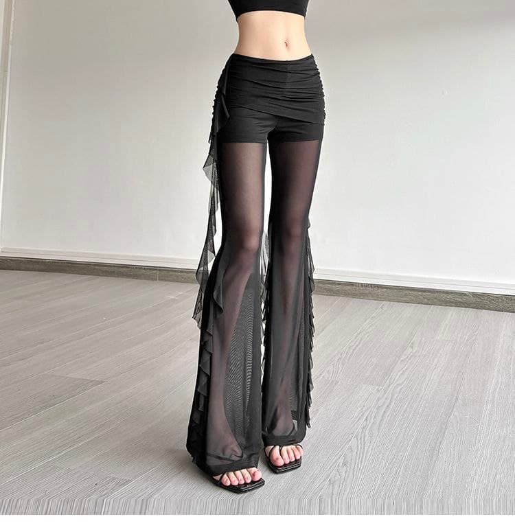 Celana Mesh Ruffle Wanita High Waist | Celana Panjang Ruched Slim Fit | Korean Chic Style Kekinian
