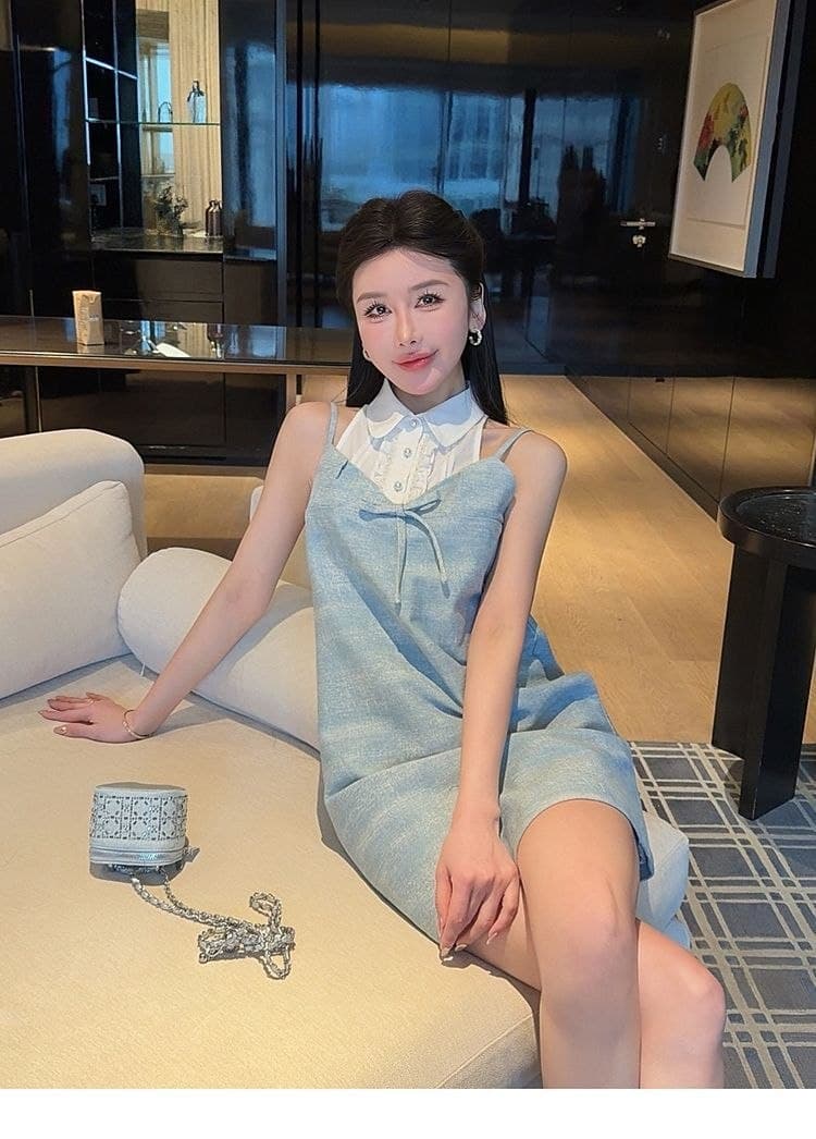 Mini Dress Layer Wanita Korean Style | Dress Tali Biru dengan Detail Pita & Inner Kerah Putih | Sweet Preppy Look