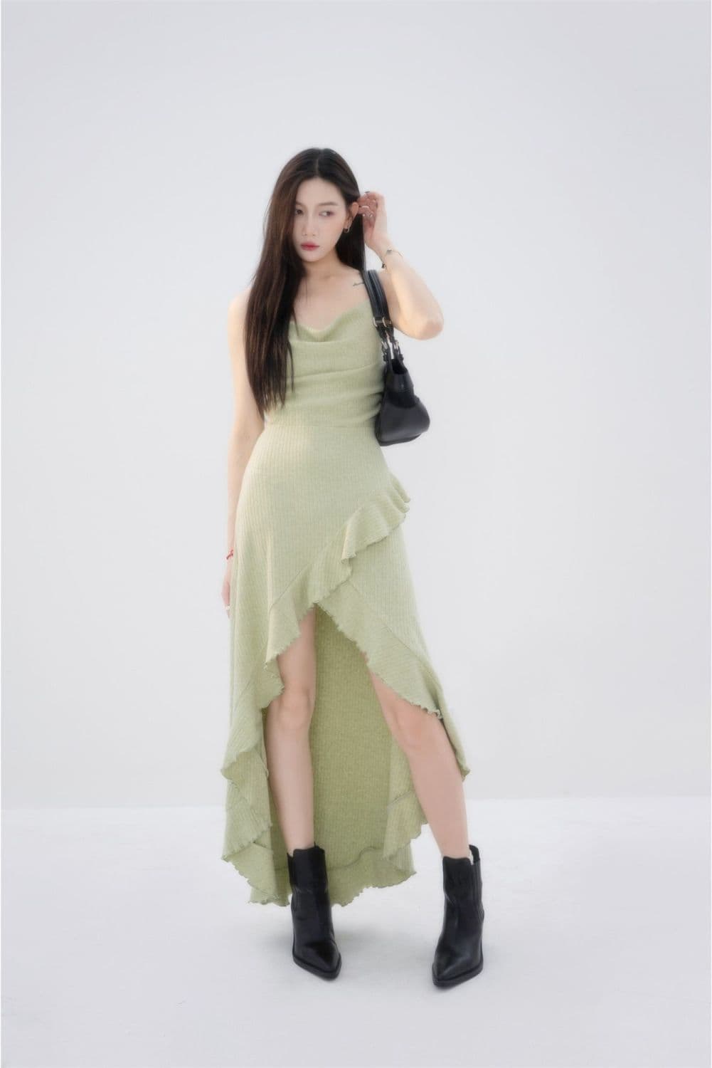 Dress Rajut Tali Wanita Forest Style | Maxi Dress Ruffle Asimetris | Dress Panjang Korean Aesthetic