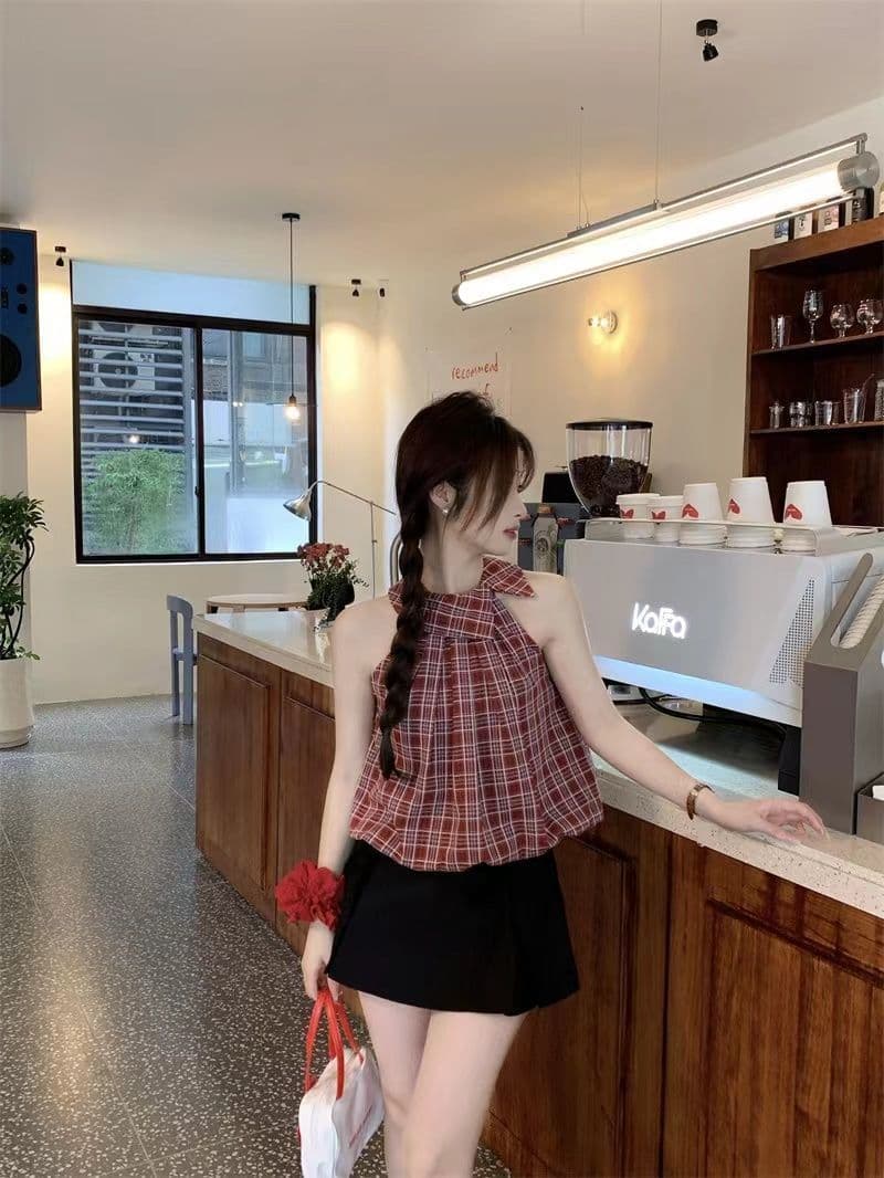 Blouse Kotak-Kotak Wanita French Style | Atasan Tanpa Lengan Kerah Kemeja | Top Bubble Hem Korean Fashion