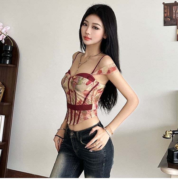 Atasan Crop Top Vintage Floral Wanita | Tank Top Asimetris Slim Fit | Korean Chic Style Elegan