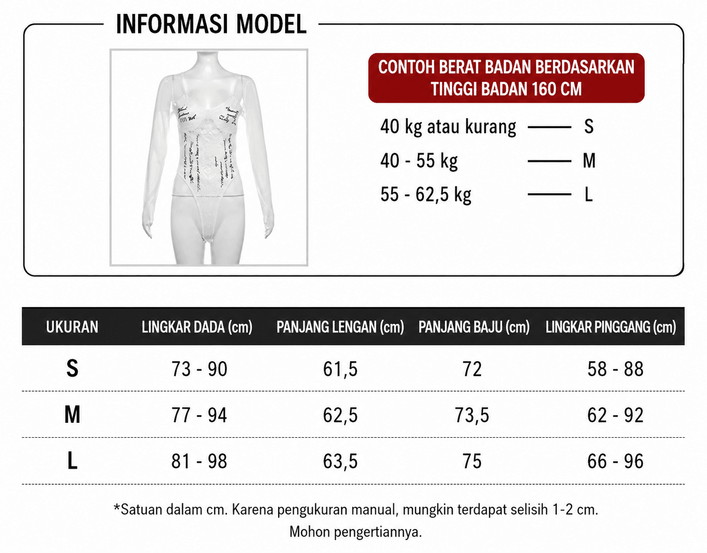 Panduan ukuran Bodysuit Renda Wanita Lengan Panjang | Mesh Lace Top Slim Fit | Atasan Korean Style Elegan & Trendy