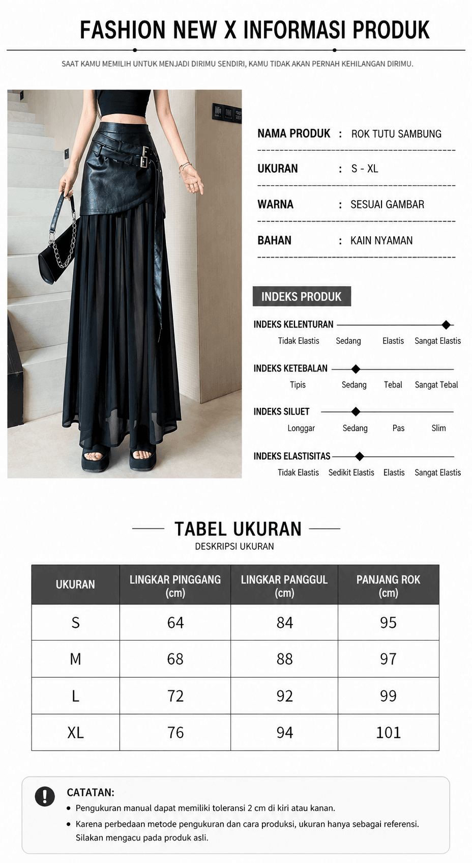 Panduan ukuran Rok Panjang Hitam Wanita High Waist | Rok A-Line Mesh Patchwork | Rok Korean Style Elegan & Trendy