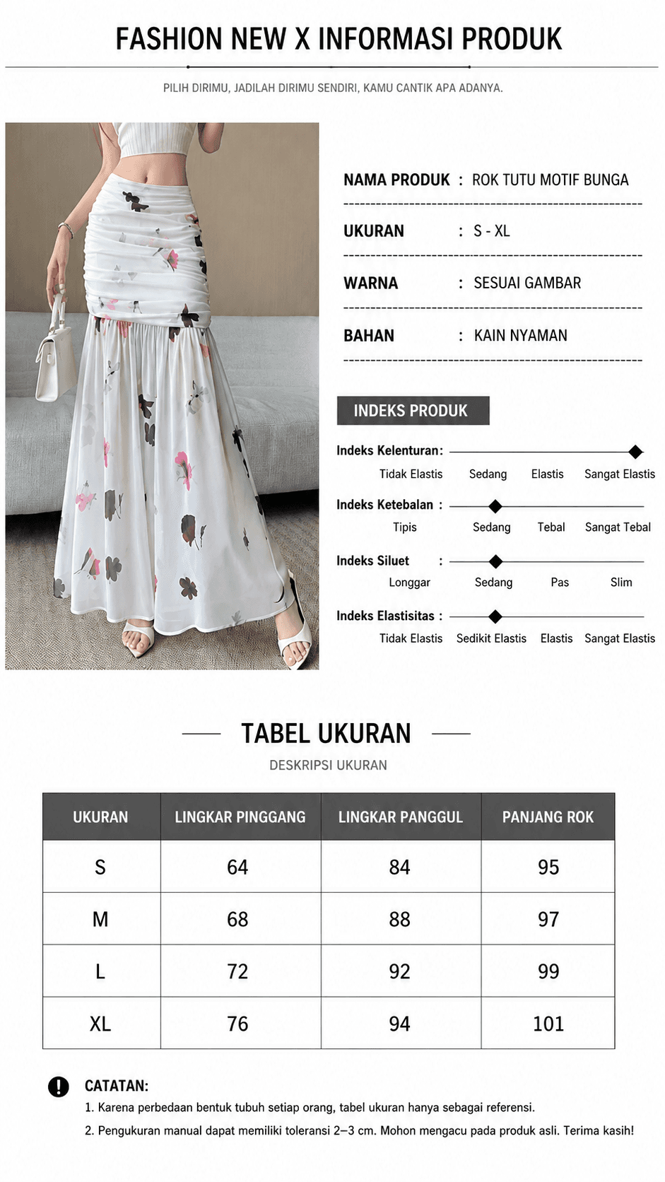 Panduan ukuran Rok Panjang Floral Putih Wanita | Rok High Waist A-Line Chiffon & Tulle | Rok Elegan Korean Style