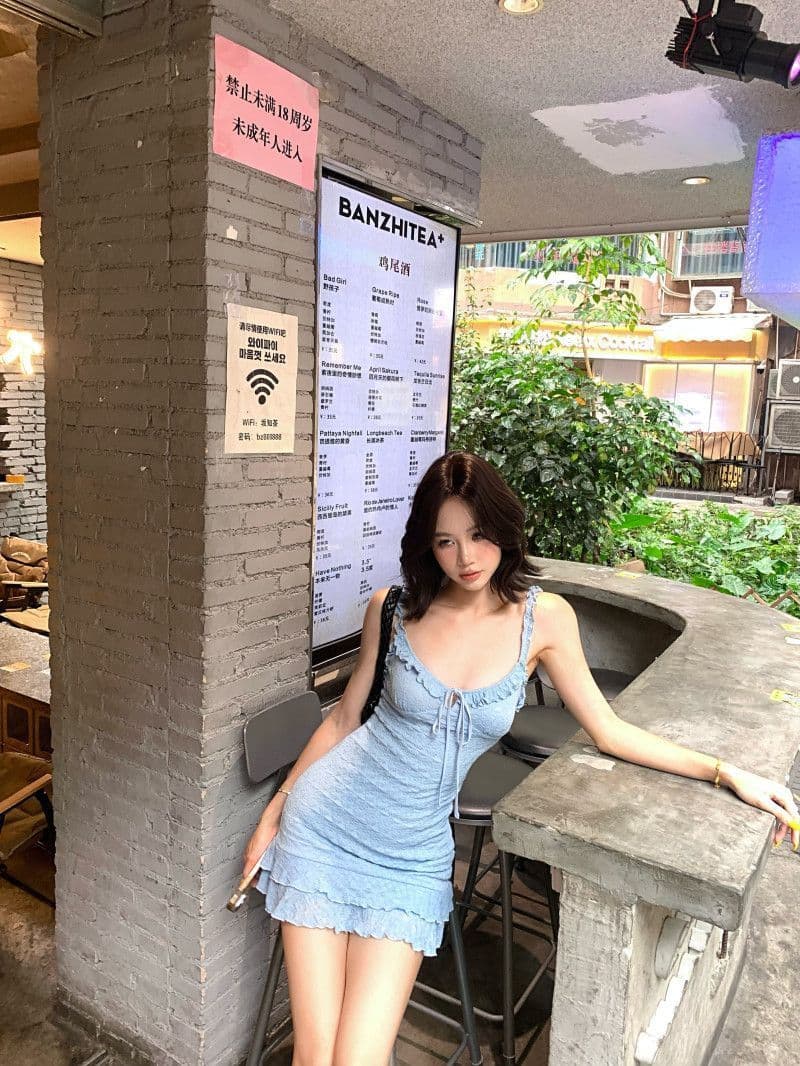 Dress Mini Biru Wanita Slim Fit | Bodycon Dress Tali Spaghetti Ruffle | Dress Pendek Korean Style Sexy & Cute