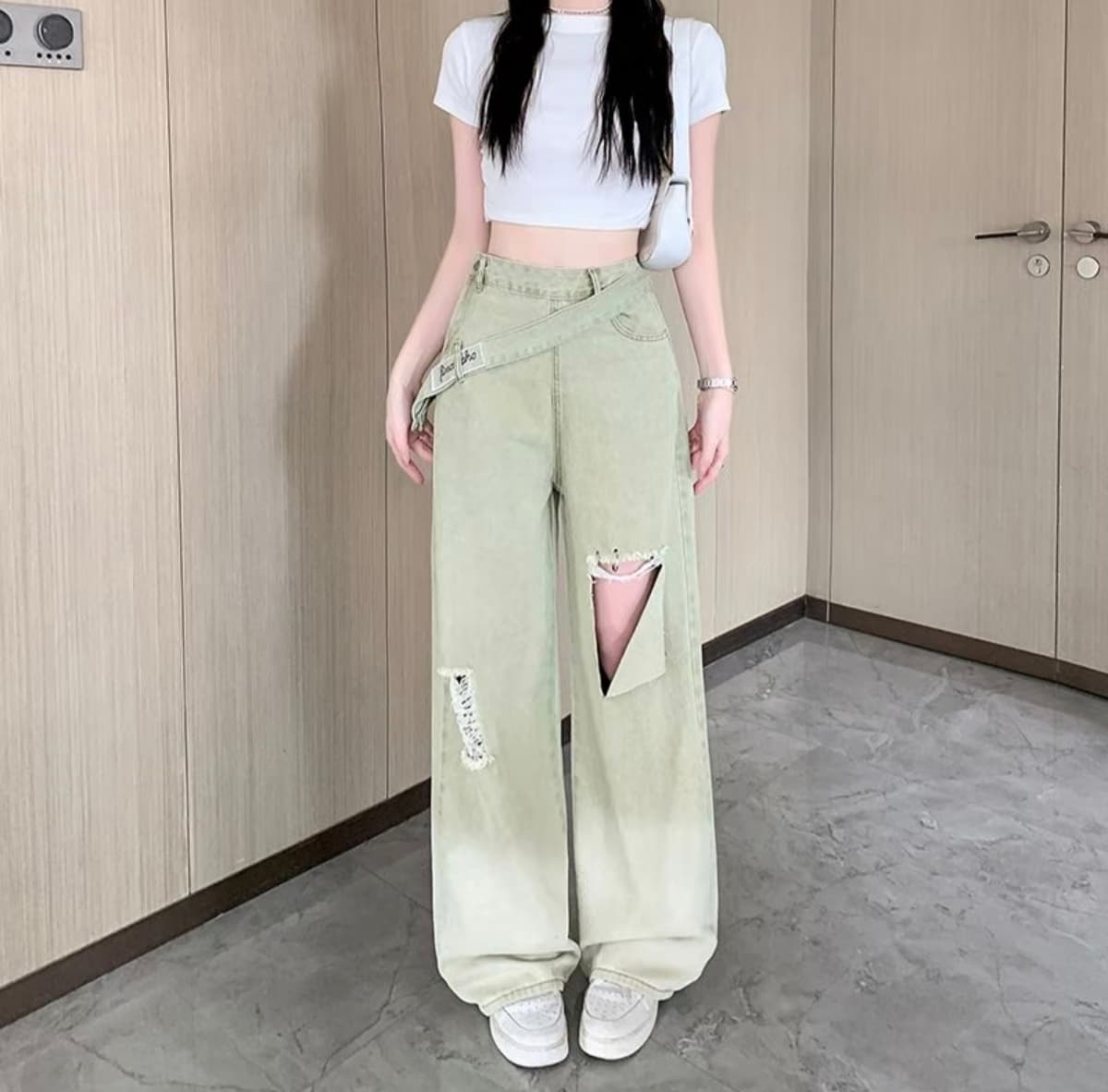 Celana Jeans Wide Leg Wanita High Waist | Denim Distressed Vintage dengan Resleting Samping | Celana Baggy Korean Style