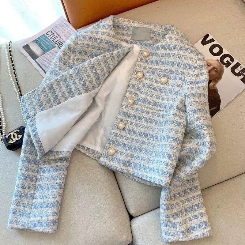 Jaket Tweed Wanita Gaya Chanel, Model Terbaru Musim Semi-Gugur, Loose Fit, Kancing Mutiara, Crop & Stylish