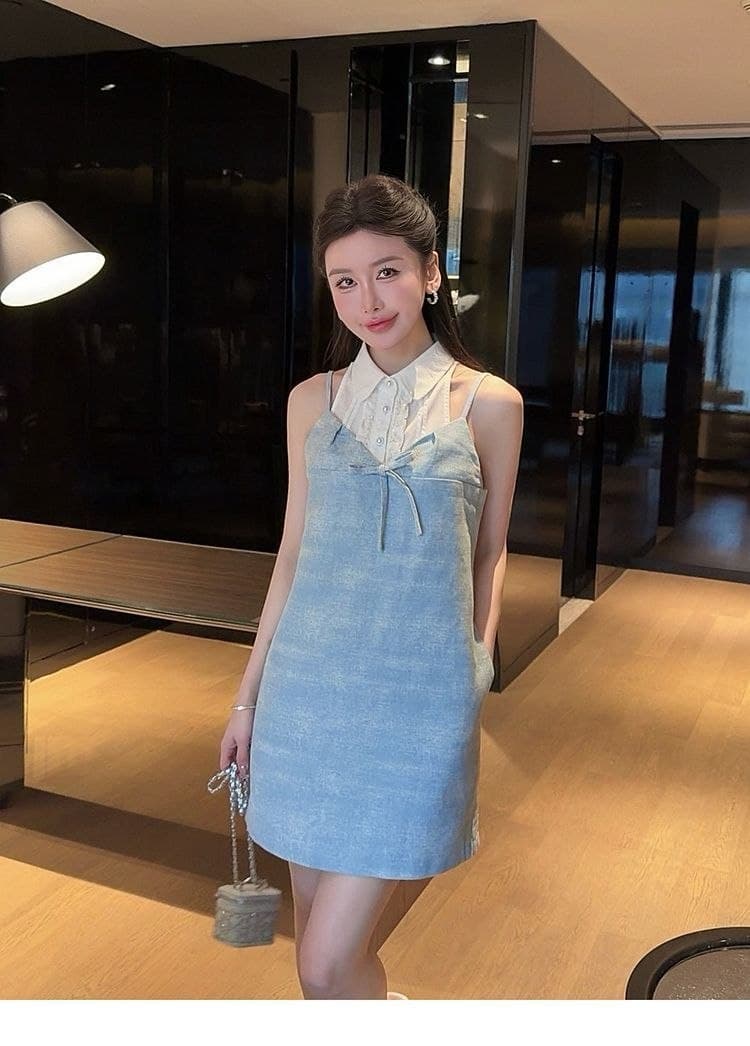Mini Dress Layer Wanita Korean Style | Dress Tali Biru dengan Detail Pita & Inner Kerah Putih | Sweet Preppy Look