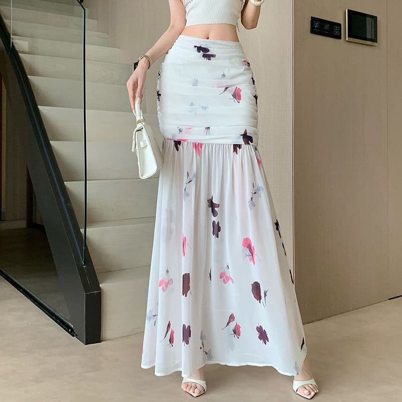 Rok Panjang Floral Putih Wanita | Rok High Waist A-Line Chiffon & Tulle | Rok Elegan Korean Style