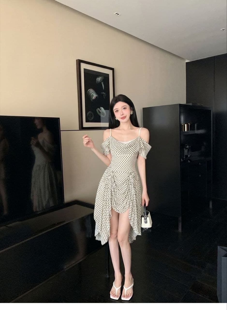 Dress Polkadot Sabrina French Style | Mini Dress High Waist Asimetris | Korean Chic Elegan