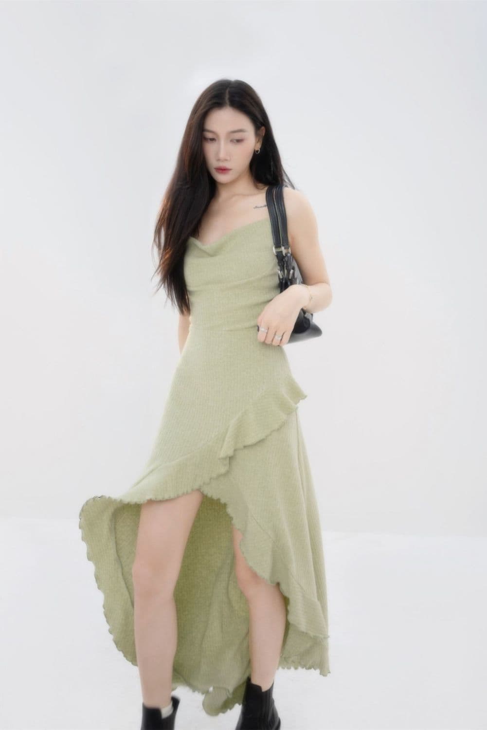 Dress Rajut Tali Wanita Forest Style | Maxi Dress Ruffle Asimetris | Dress Panjang Korean Aesthetic