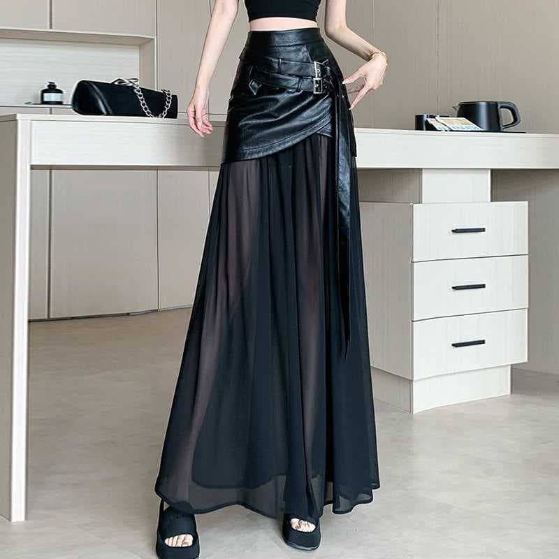 Rok Panjang Hitam Wanita High Waist | Rok A-Line Mesh Patchwork | Rok Korean Style Elegan & Trendy