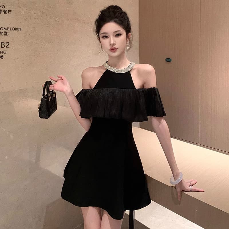 Dress Hitam Halter Off Shoulder Wanita | Mini Dress French Style Slim Fit | Dress Elegan Premium Kekinian