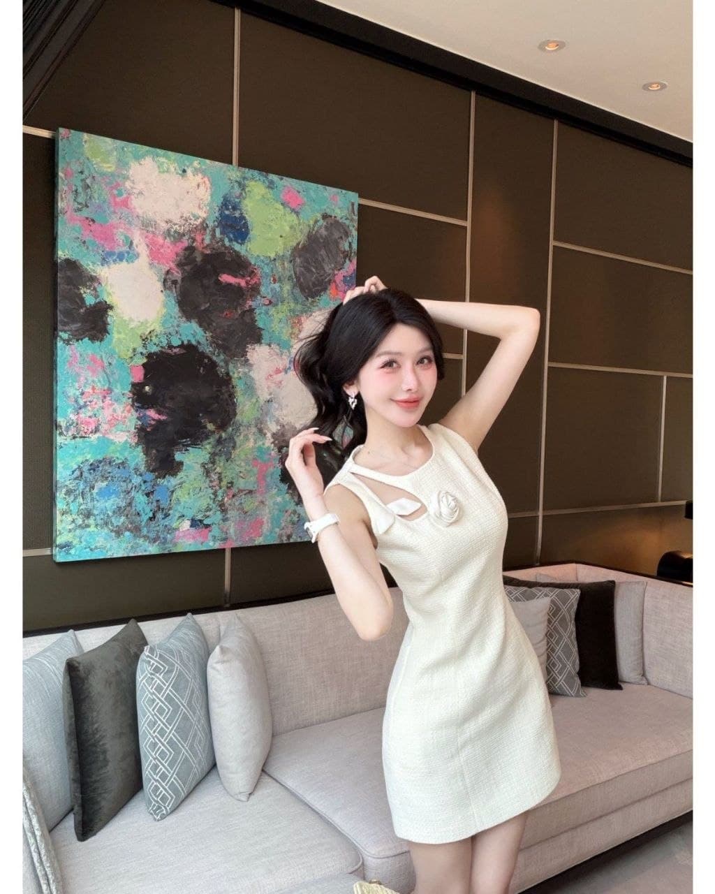 Dress Renda Transparan Wanita | Mini Dress Tali Asimetris Slim Fit | Korean Chic Style Kekinian Dress Tweed French Style Wanita | Mini Dress Mawar Tanpa Lengan High Waist | Korean Classy Elegan
